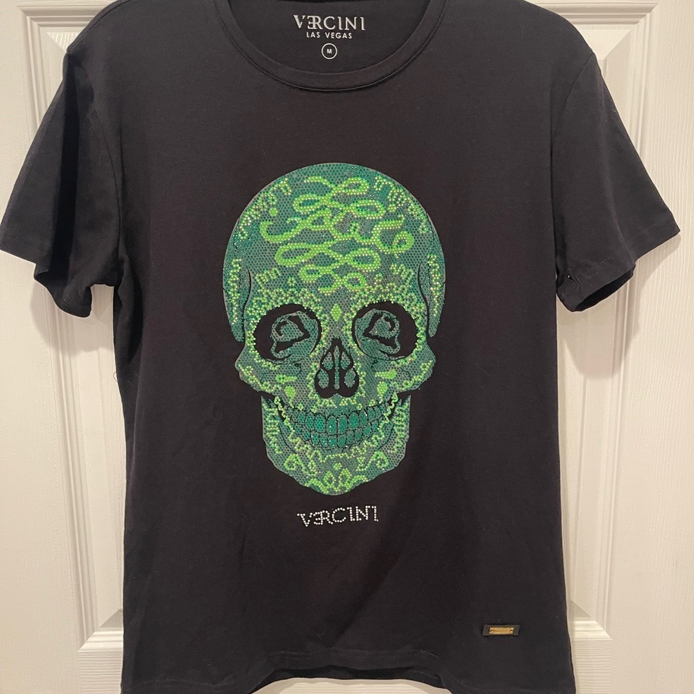 Vercini Las Vegas Black Tee with Green Rhinestone Skull Design